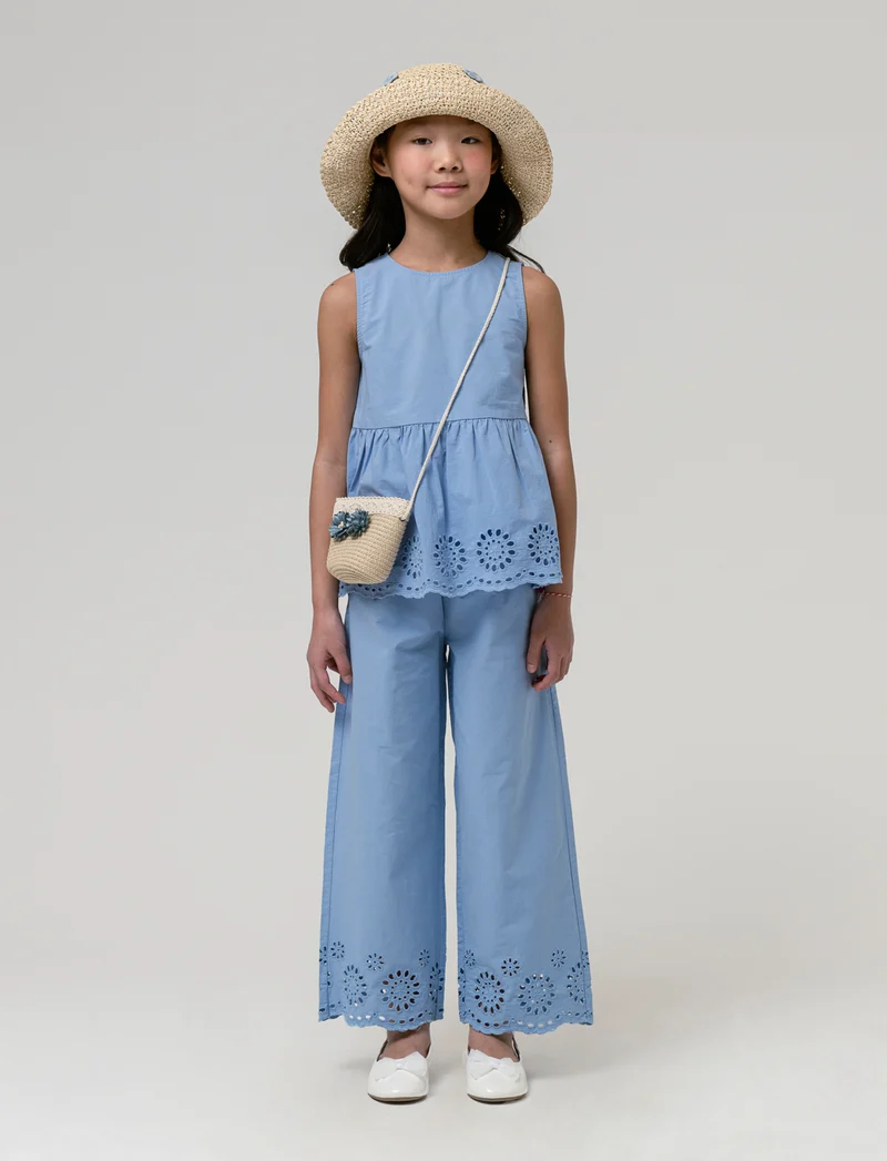 Top in cotone con ricamo da bambina - Azzurro