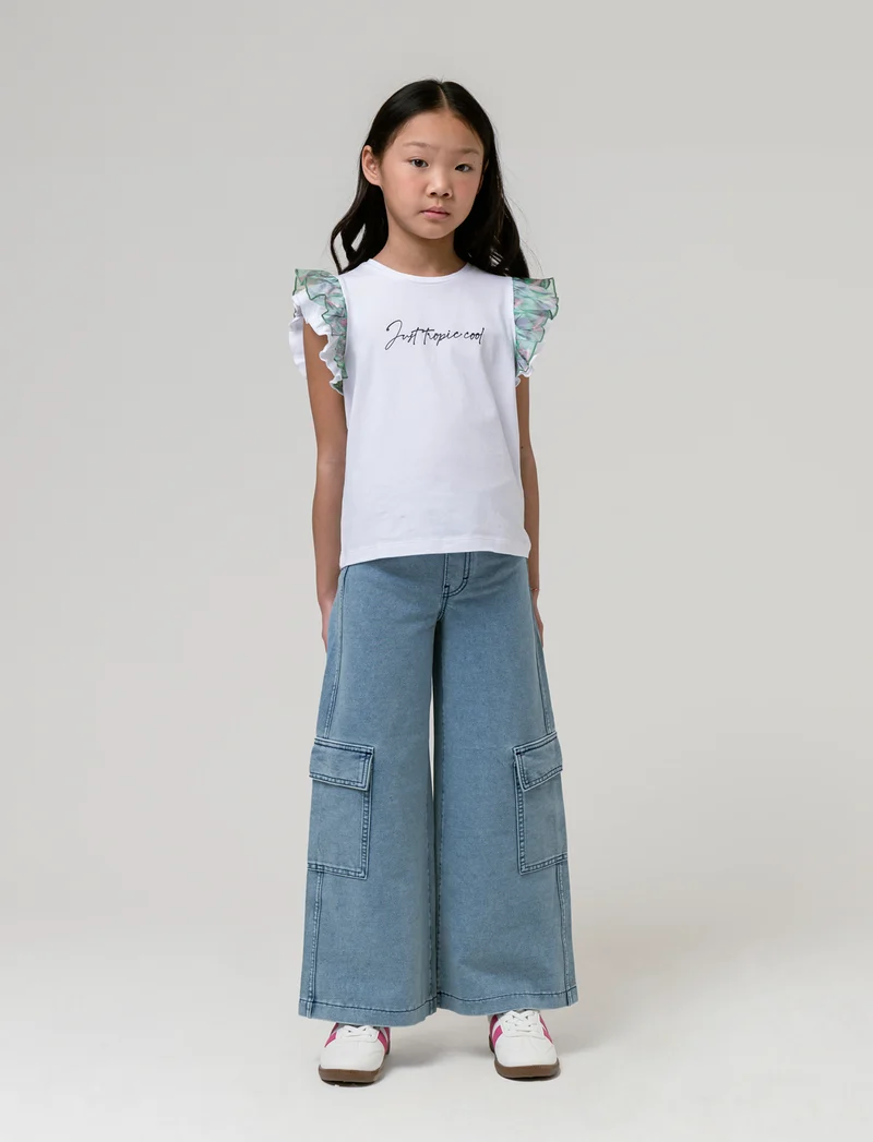 T-shirt maniche a contrasto da bambina - Bianco