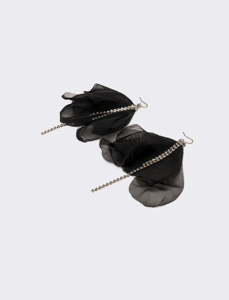 Orecchini donna fiore in tessuto con strass - Nero