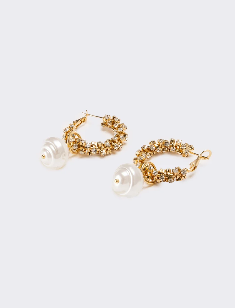 Orecchini donna cerchi con strass pendente perla - Oro