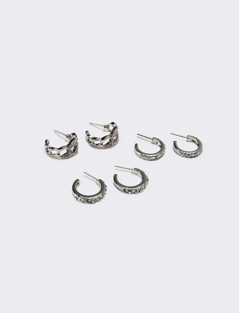 Orecchini donna card 3 paia orecchini cerchietti strass - Argento