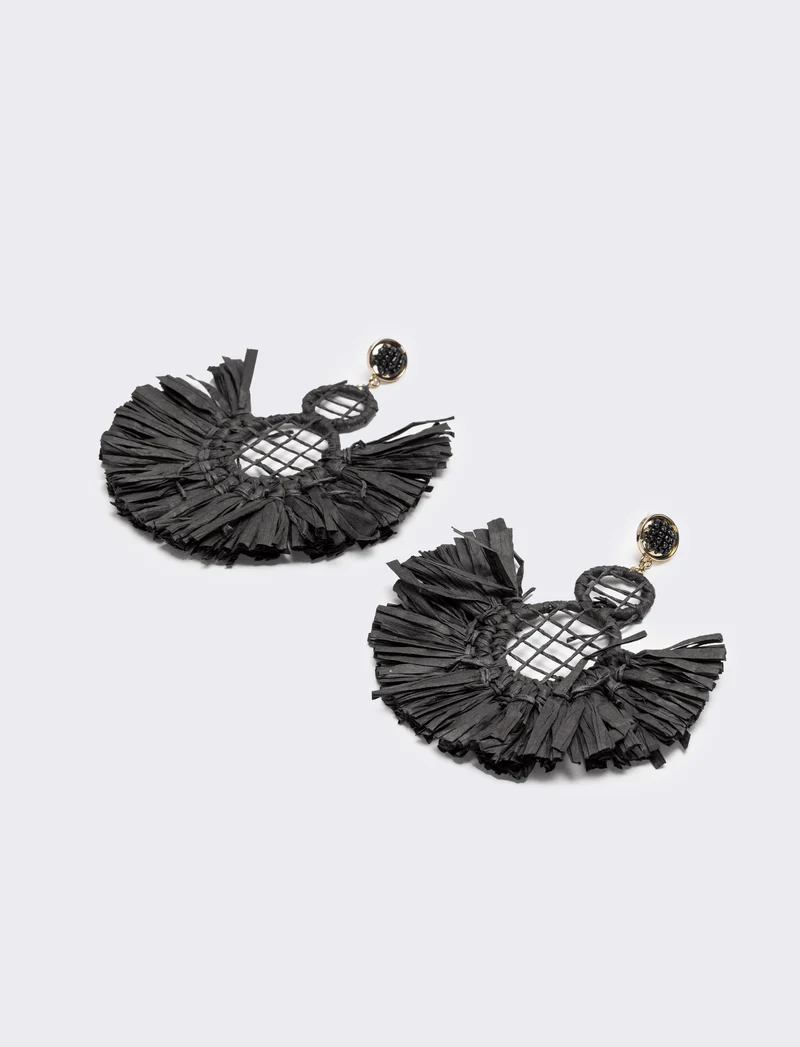 Orecchini donna a ventaglio in raffia - Nero