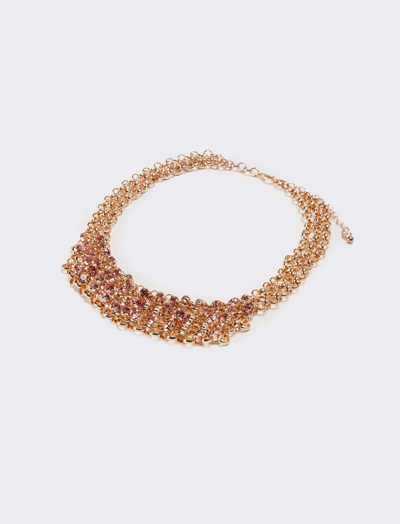Collana donna con strass e maglia metallica - Rosa