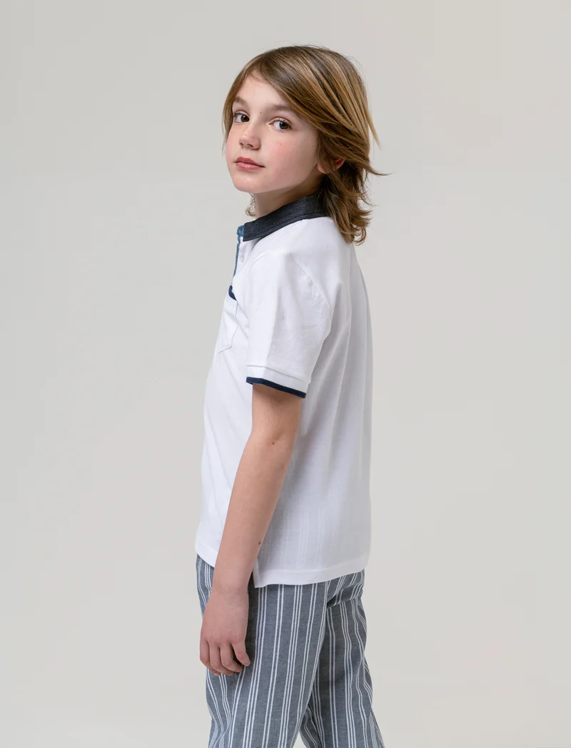 Polo in piquet collo chambray da bambino - Bianco