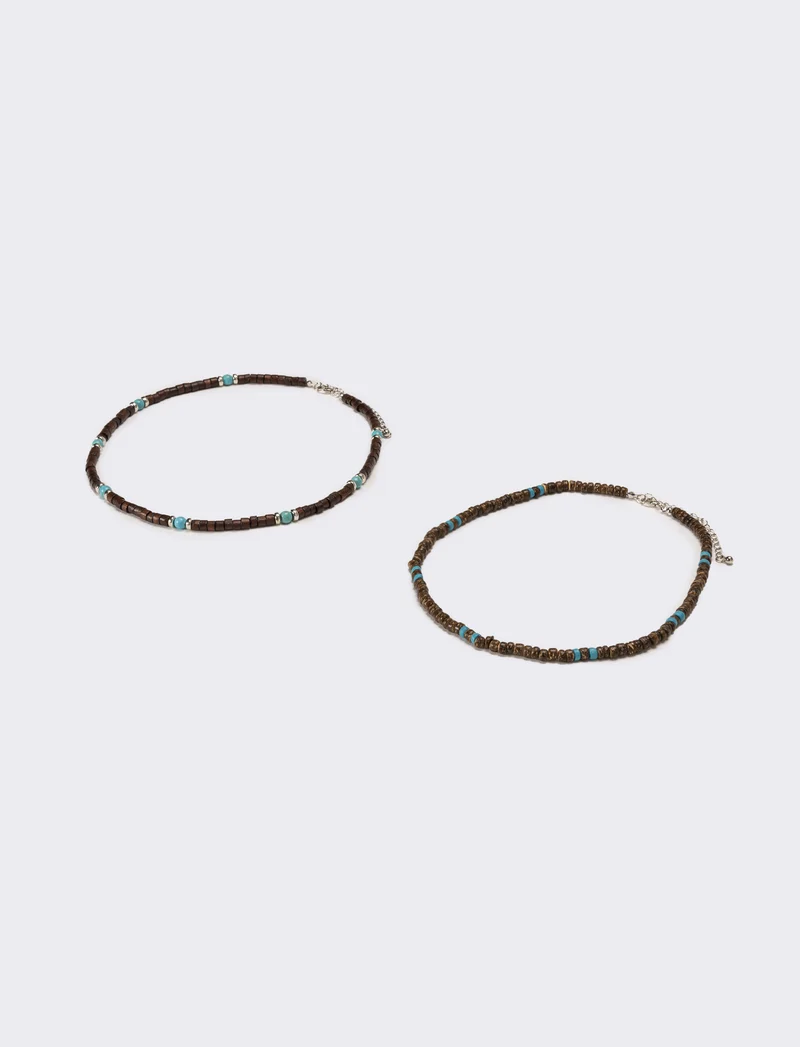 Collana uomo due fili con legno e turchese - Marrone