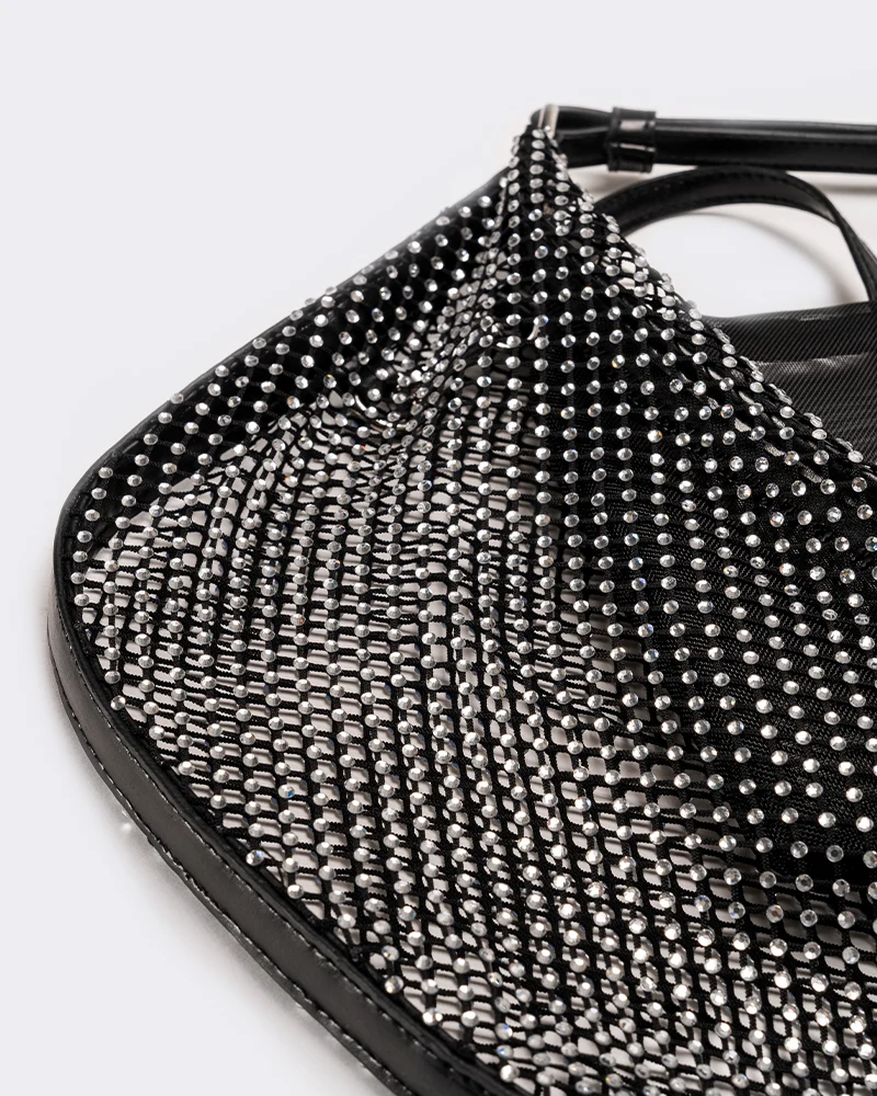 Borsa donna mezzaluna con strass - Nero