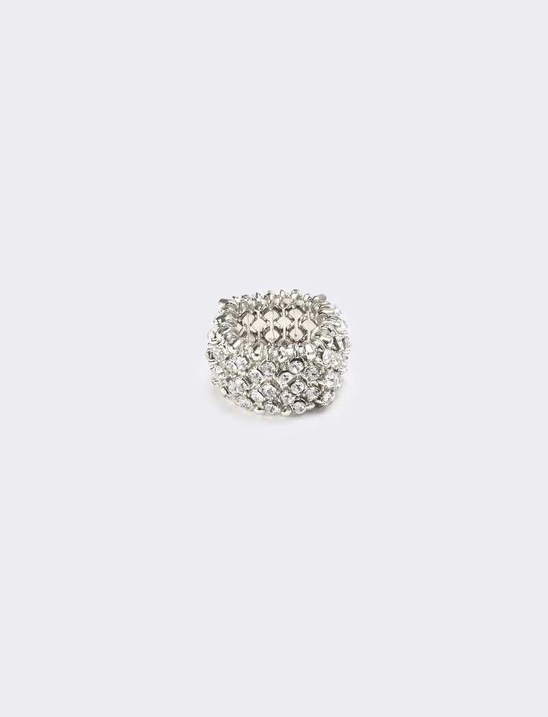 Anello con elastico e strass - Argento