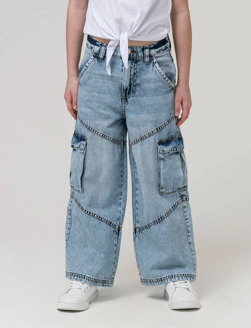 Jeans cargo a gamba larga da bambina - Denim