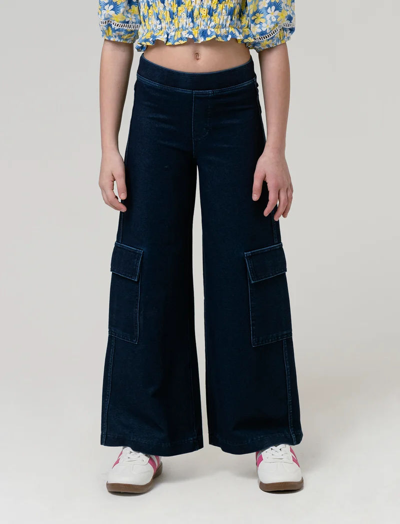 Pantaloni cargo gamba larga effetto denim da bambina - Denim