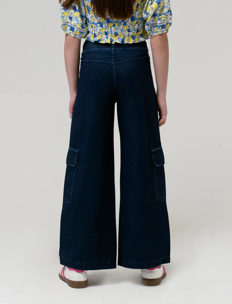 Pantaloni cargo gamba larga effetto denim da bambina - Denim
