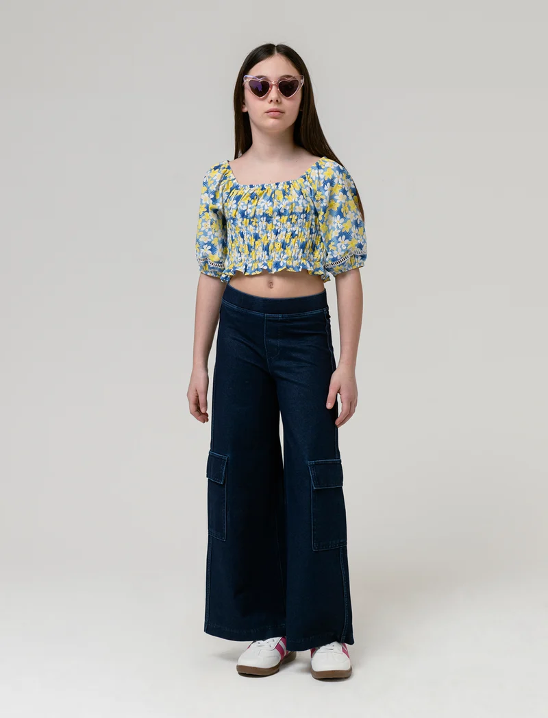 Pantaloni cargo gamba larga effetto denim da bambina - Denim