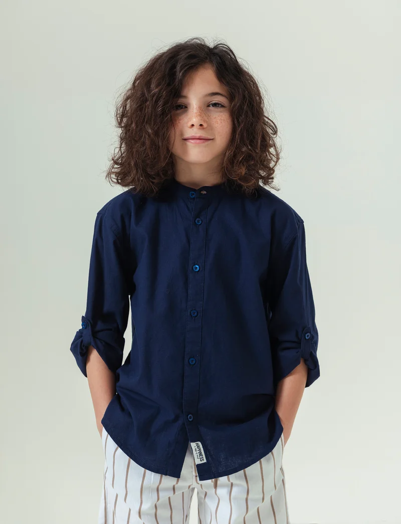 Camicia collo coreano da bambino - Blu