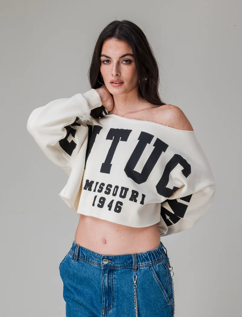 Felpa crop off shoulder da donna - Avorio