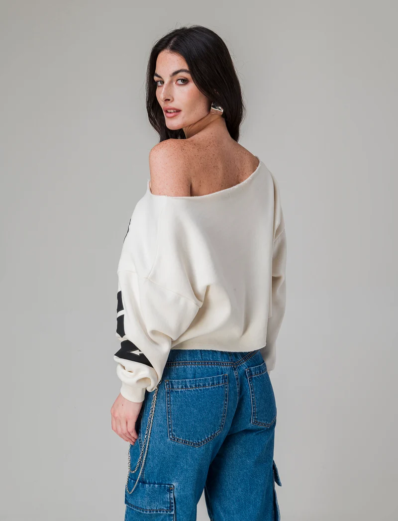 Felpa crop off shoulder da donna - Avorio