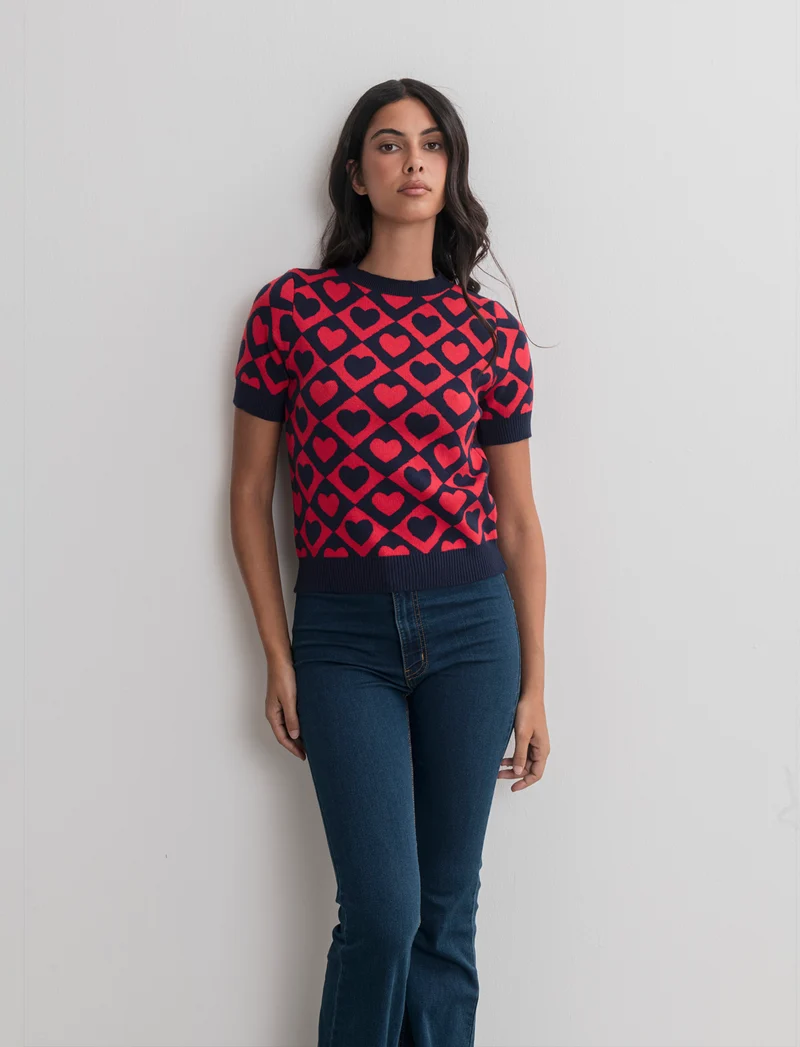 T-SHIRT IN MAGLIA - Blu-rosso