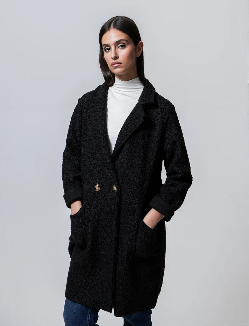 CAPPOTTO IN TESSUTO ARRICCIATO - Nero
