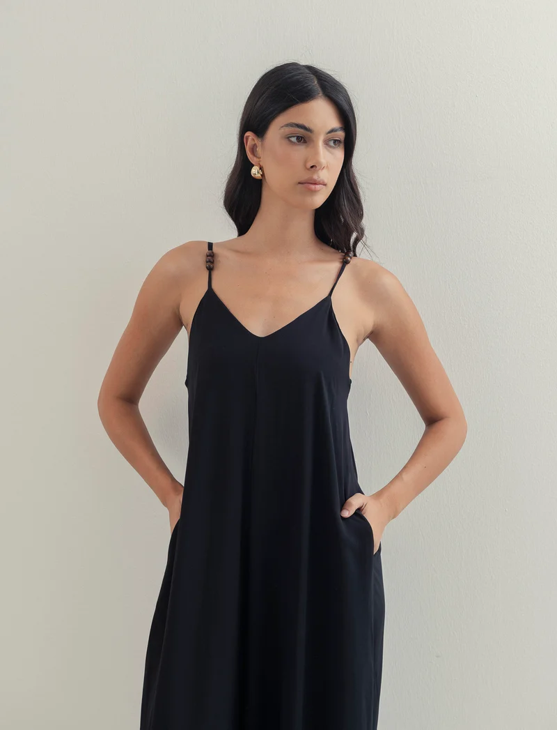 Vestito lungo in viscosa con bretelle - Nero