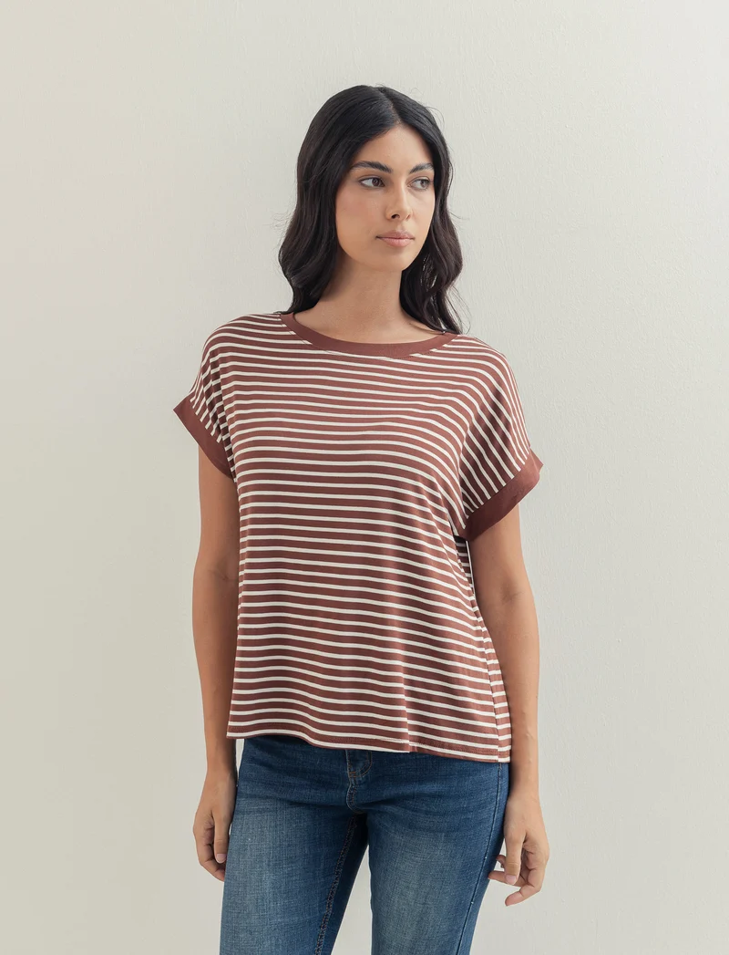 tshirt in viscosa rigata - Marrone