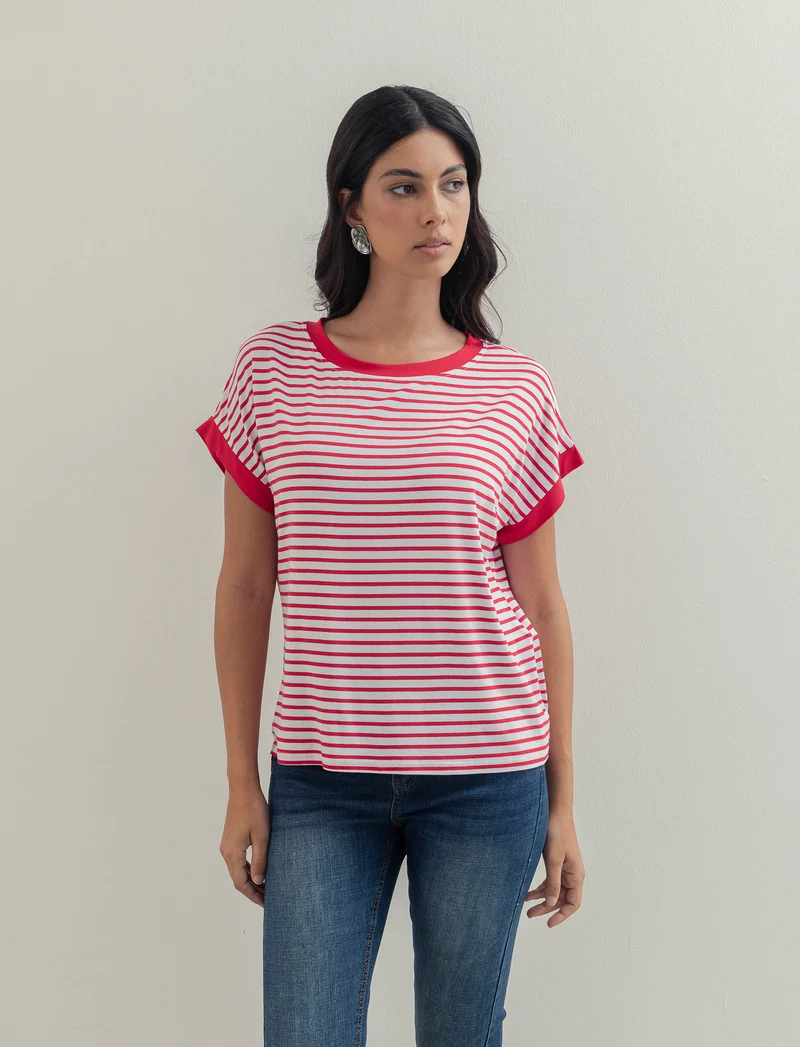 tshirt in viscosa rigata - bian-rosso