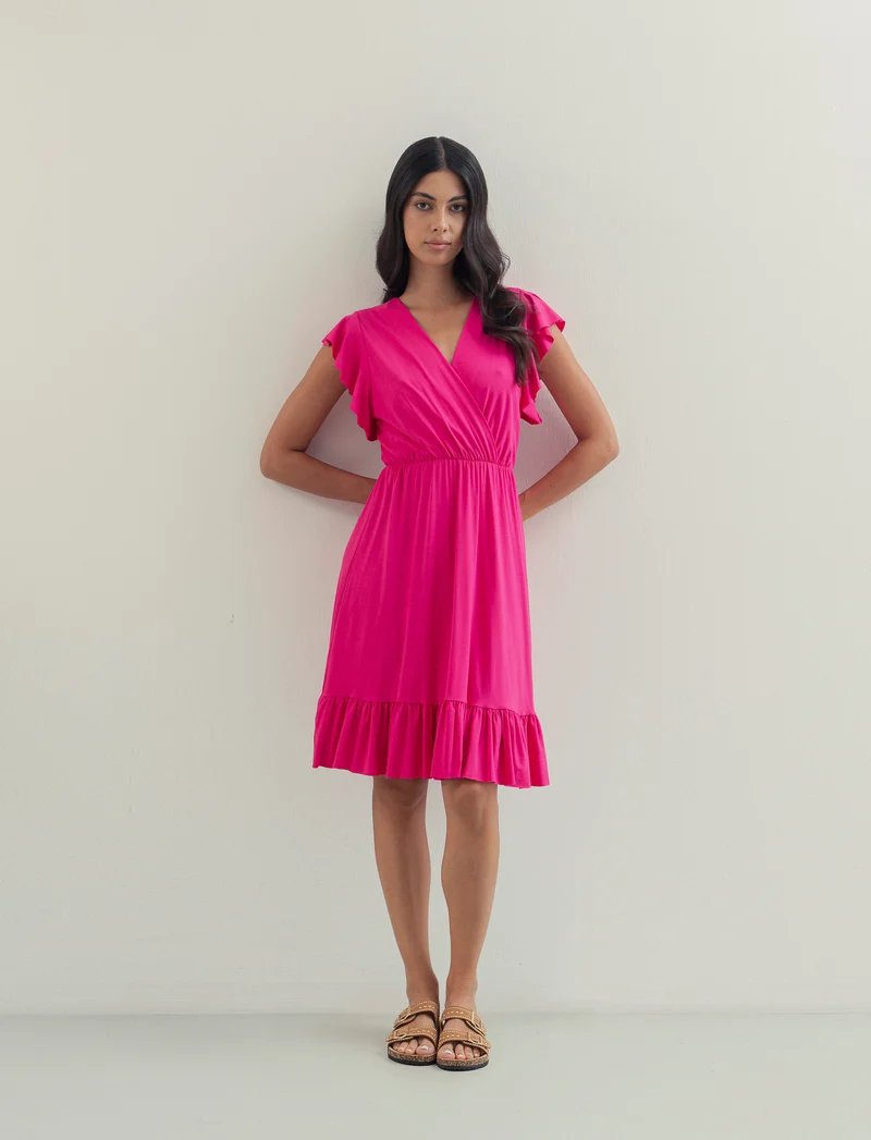 Vestito lungo con volants per donna - Fuxia