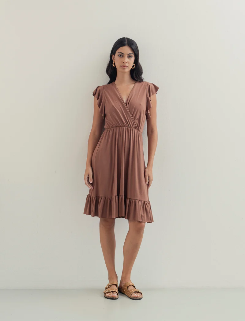 Vestito lungo con volants per donna - Marrone tabacco