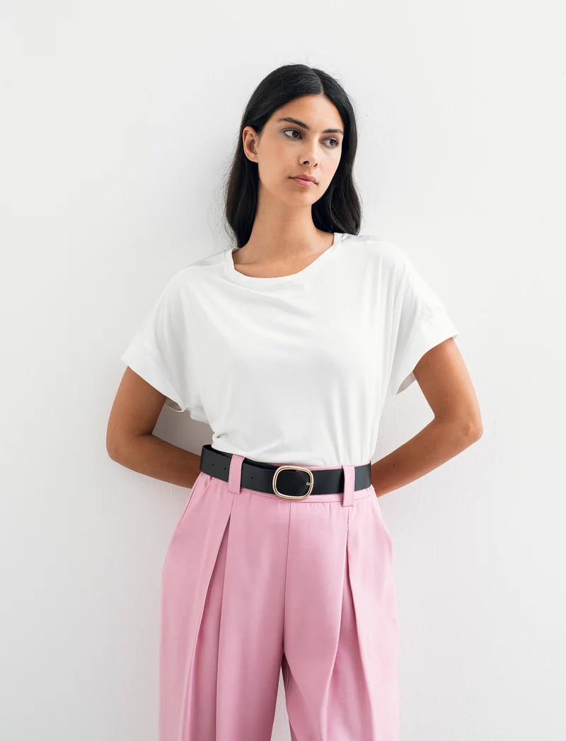 Top stampato sul davanti con scollo sciallato - Bianco latte
