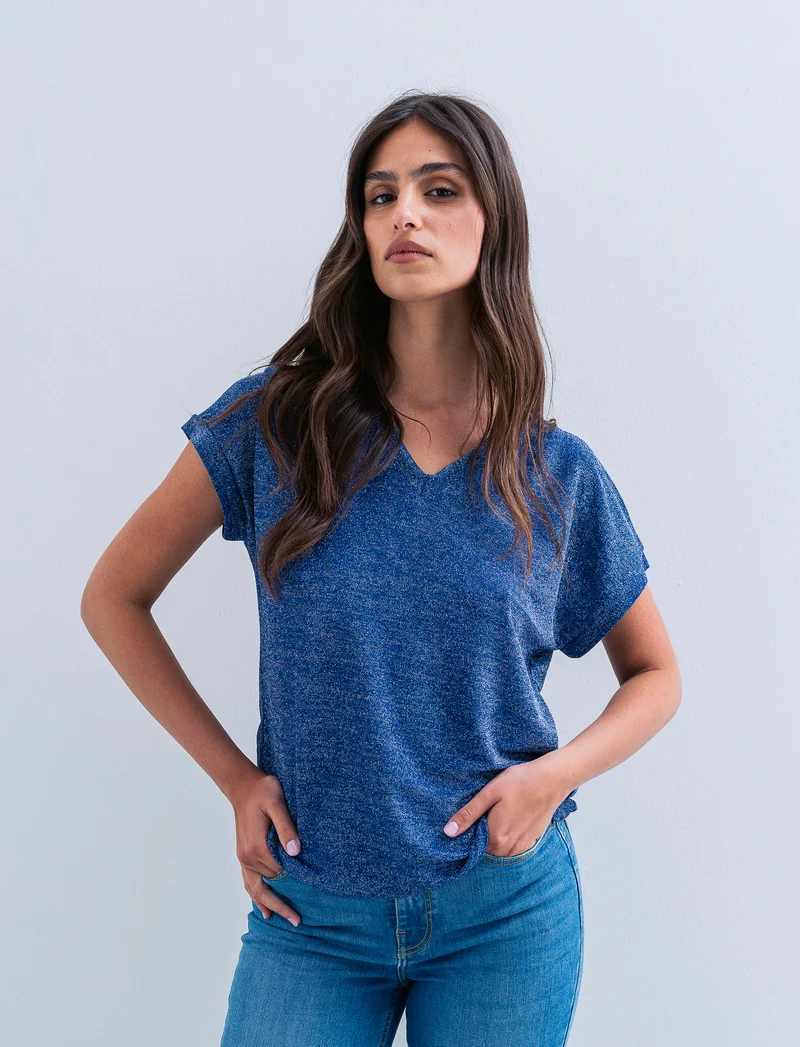 TSHIRT IN TESSUTO LUREX CON SCOLLO A V - Blu