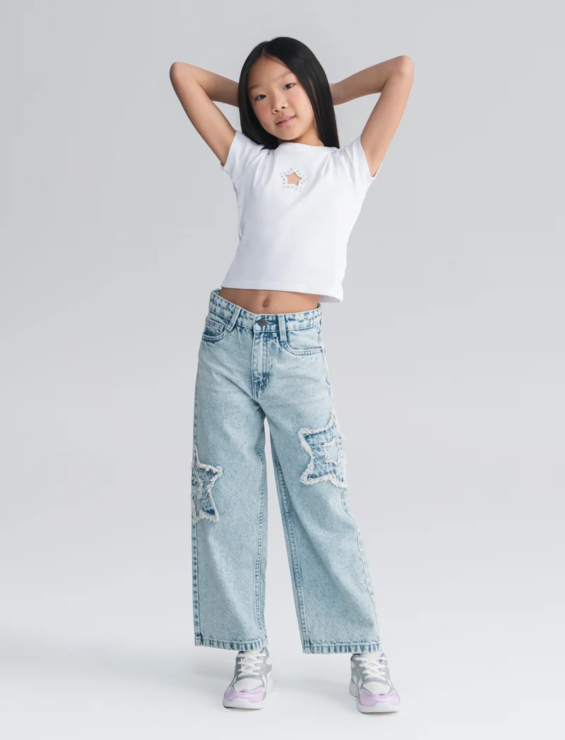 T-shirt in costina con stella e strass - Bianco