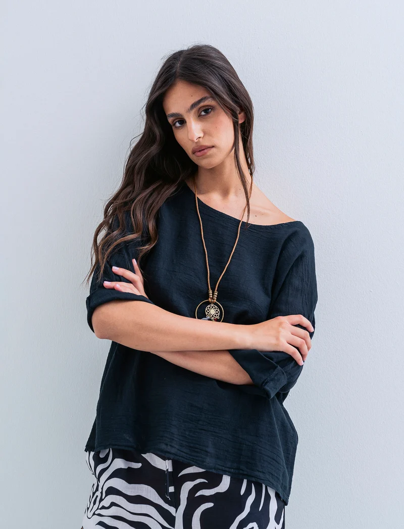 Casacca over con collana in cotone e lino - Nero