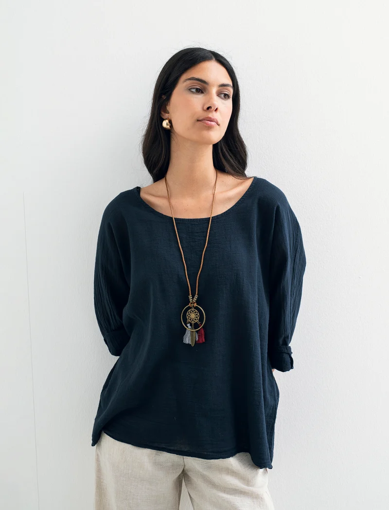 Casacca over con collana in cotone e lino - Blu