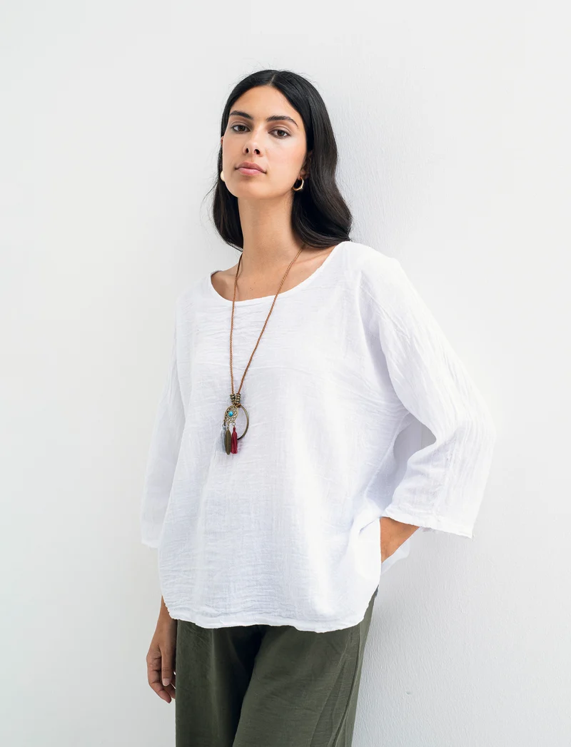 Casacca over con collana in cotone e lino - Bianco