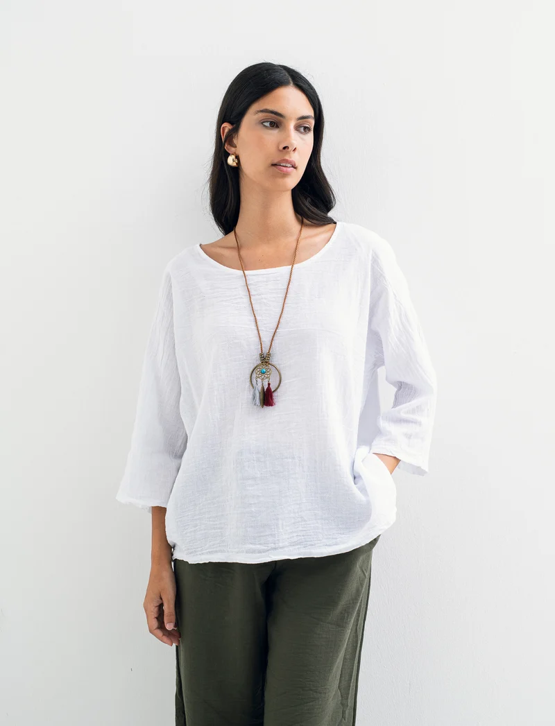 Casacca over con collana in cotone e lino - Bianco