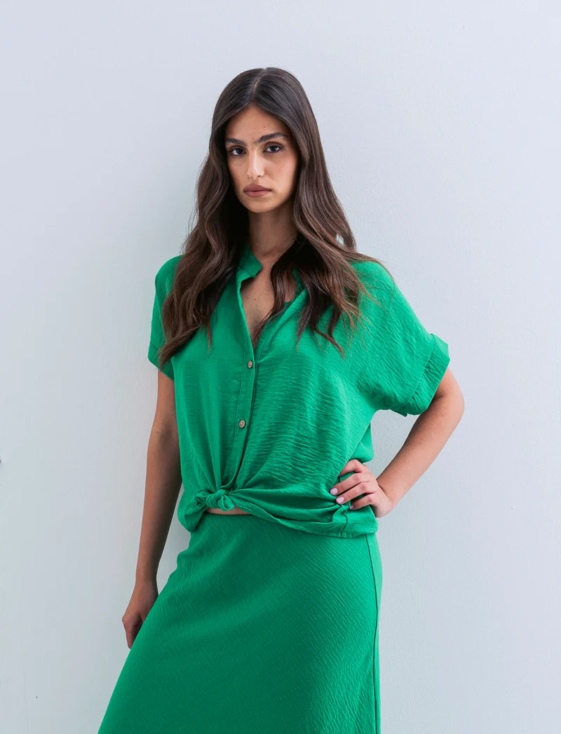 Camicia mezza manica collo coreana - Verde