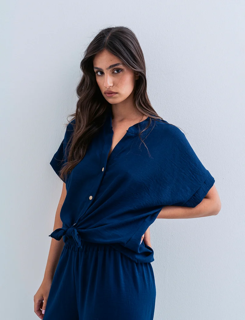 Camicia mezza manica collo coreana - Blu