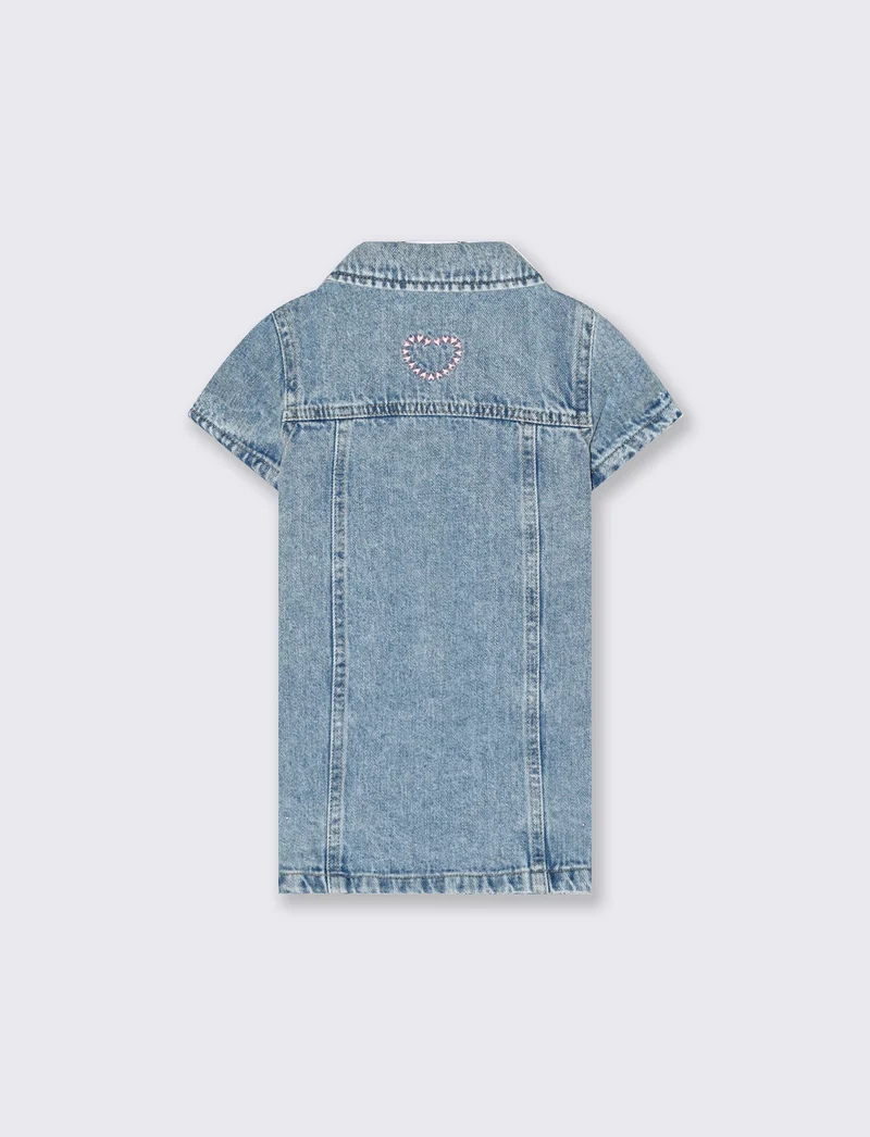 Abito Denim con Collo a Camicia e Ricamo - Denim