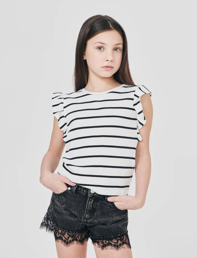 T-shirt da bambina in costina a righe - Bianco-nero