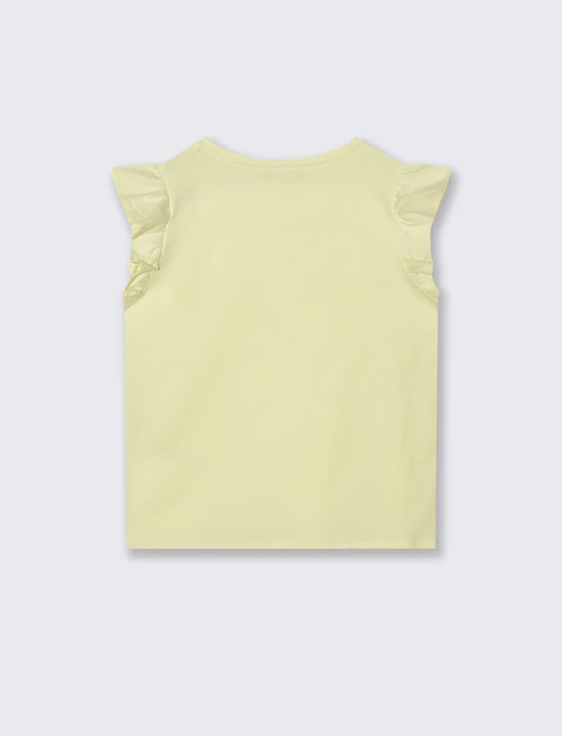 T-shirt mezza manica con volant e stampa lucida - Giallo