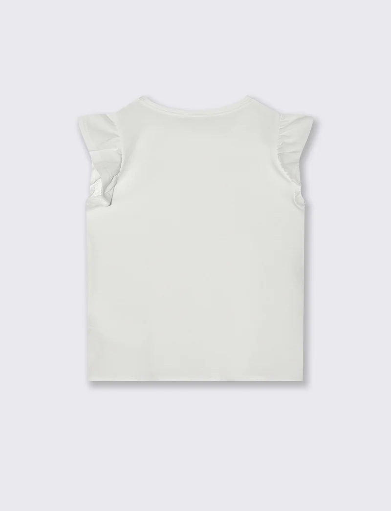 T-shirt mezza manica con volant e stampa lucida - Bianco