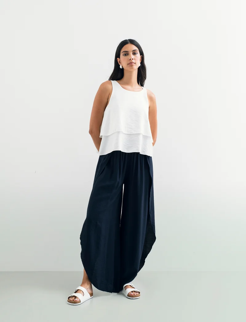 Pantalone a palazzo con elastico in vita - Blu