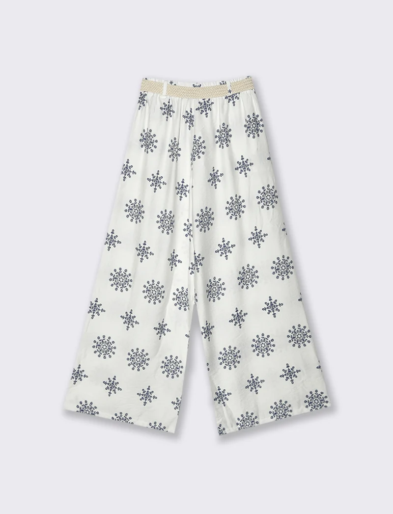 Pantalone palazzo stampato con cintura - Bianco