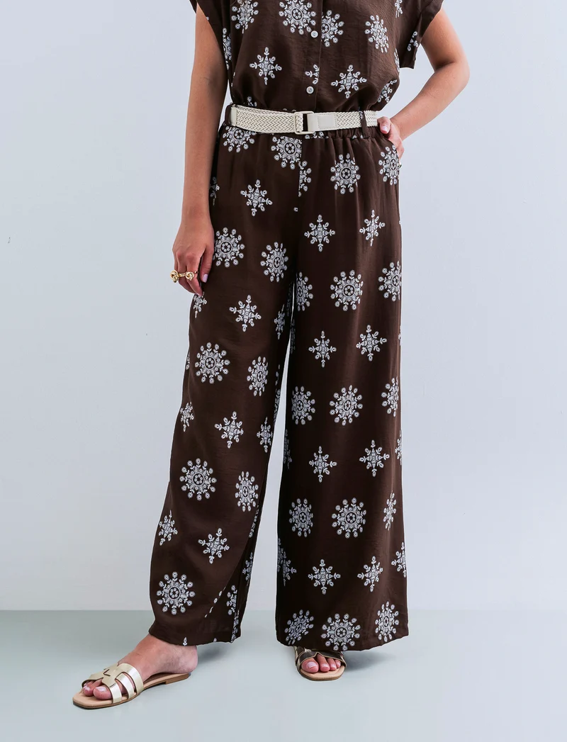 Pantalone palazzo stampato con cintura - Moro