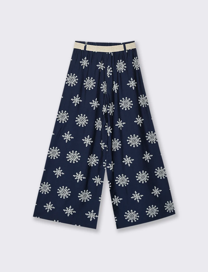 Pantalone palazzo stampato con cintura - Blu