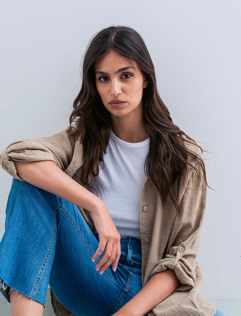 Camicia lunga in cotone per donna - Cammello