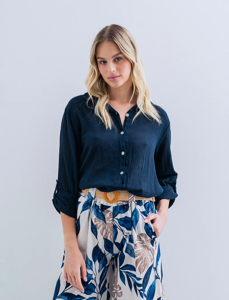 Camicia lunga in cotone per donna - Blu