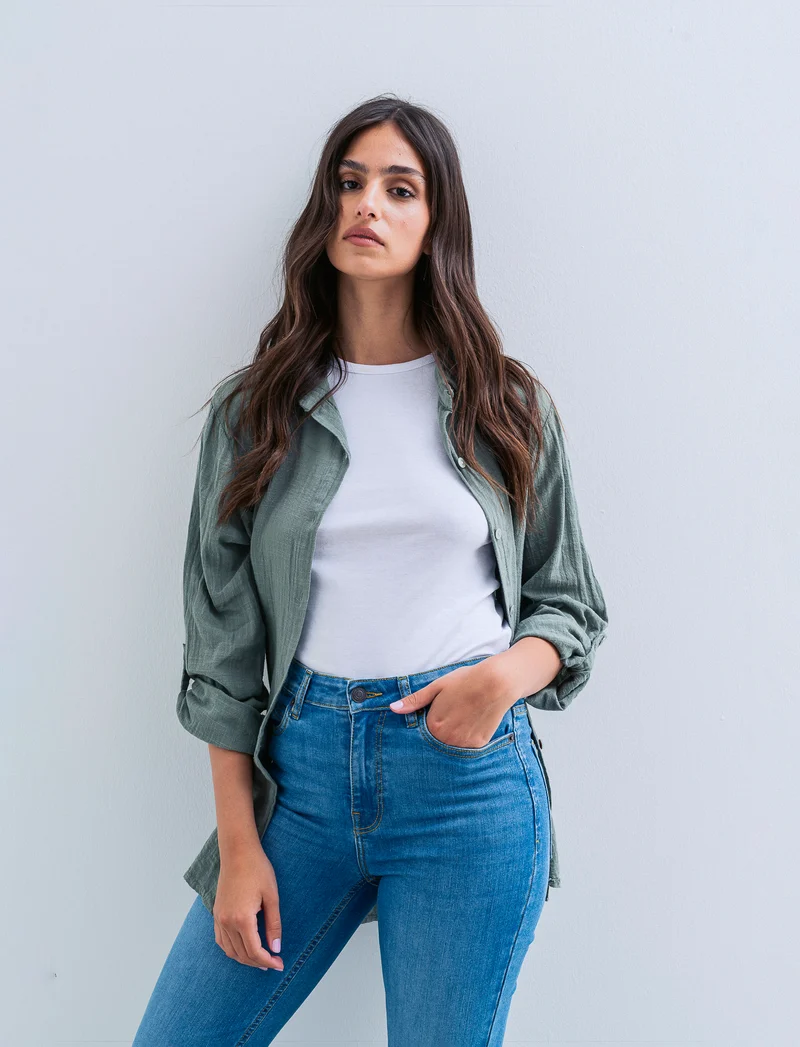 Camicia lunga in cotone per donna - Verde militare