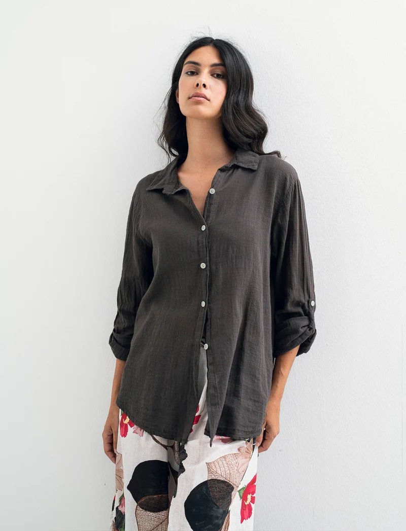 Camicia lunga in cotone per donna - Moro