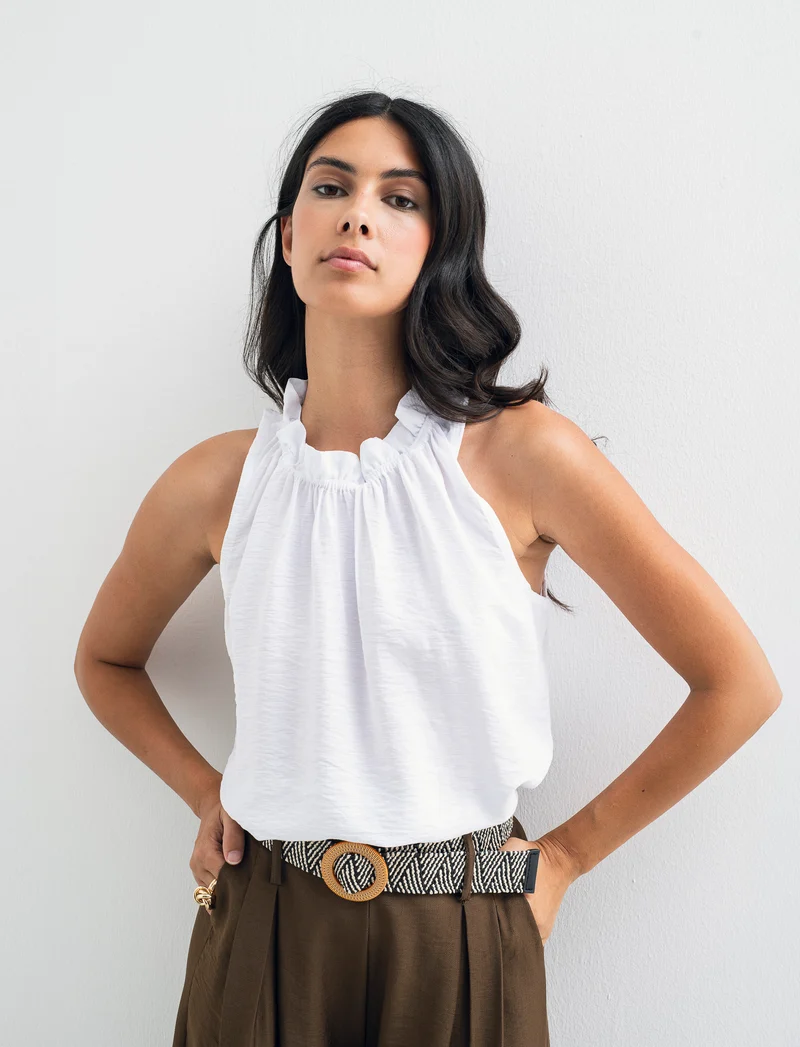 Top in cotone lavato con arriccio sul collo - Bianco