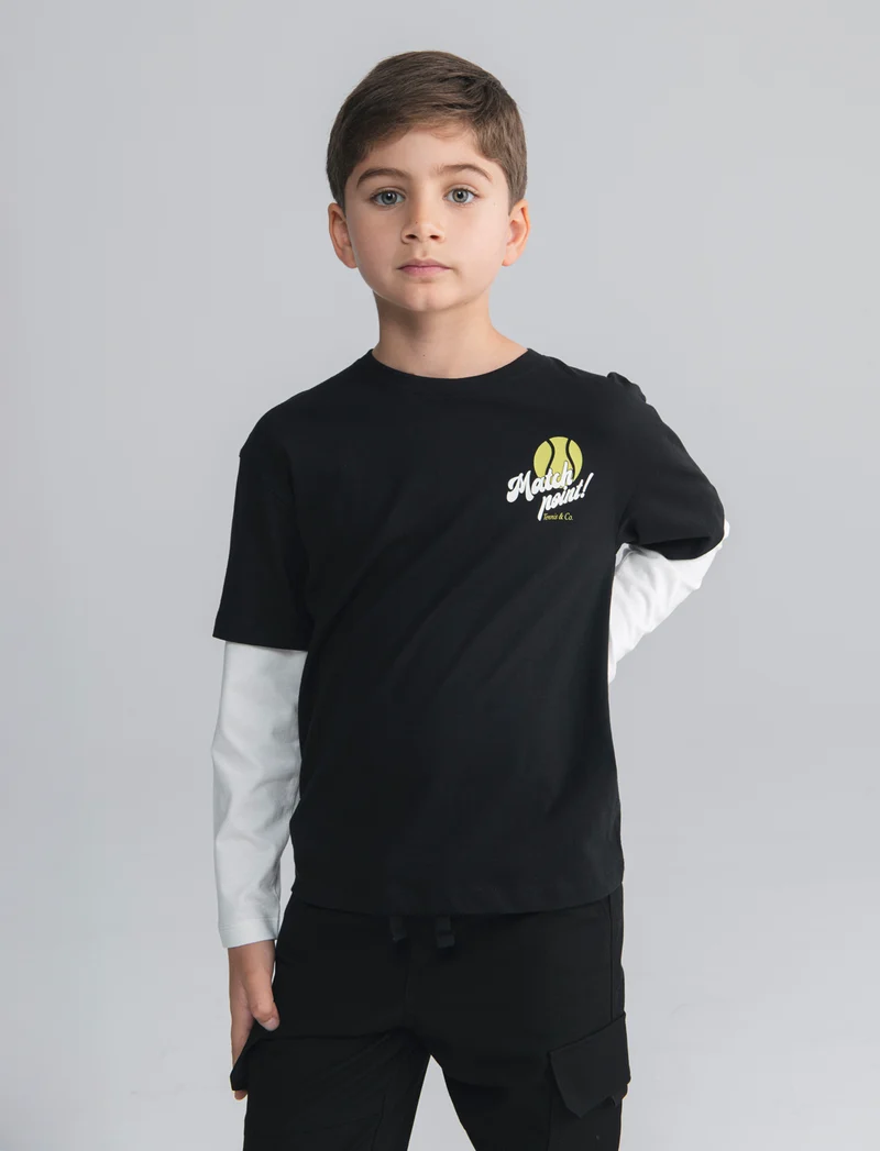 T-shirt sporty doppia manica retrò - Nero