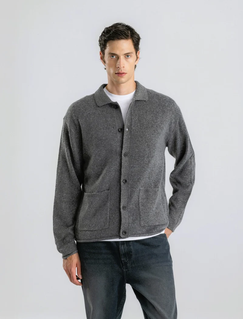CARDIGAN IN MAGLIA CON COLLO CAMICIA - Grigio mel.