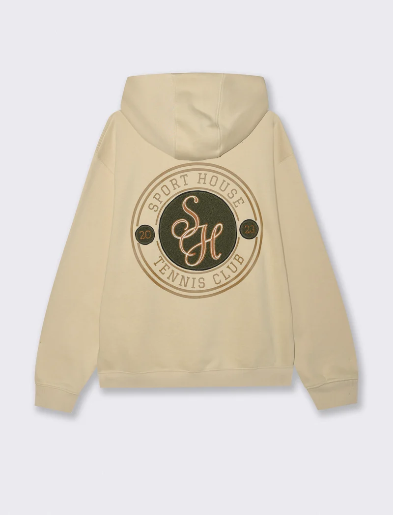 FELPA CON CAPPUCCIO , STAMPE E RICAMI - Beige